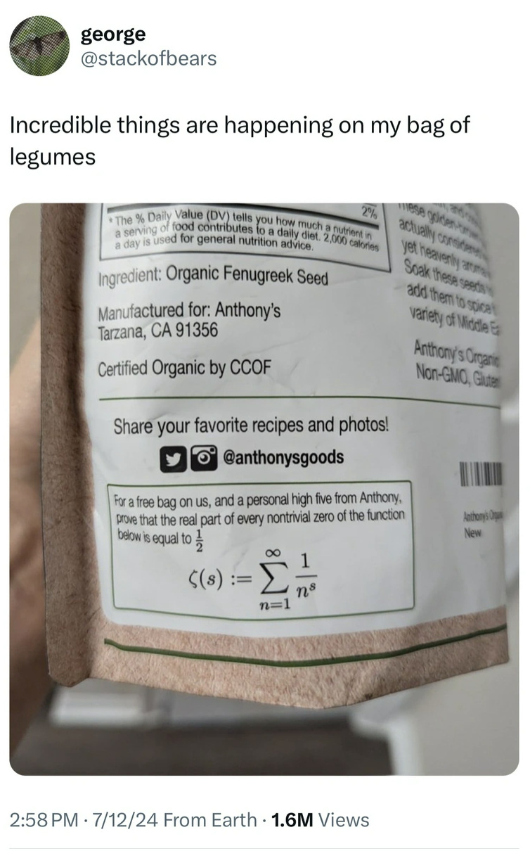 label - george Incredible things are happening on my bag of legumes The % Day Value Dv you how much a d for general nutrition so Ingredient Organic Fenugreek Seed Manufactured for Anthony's Tarzana, Ca 91356 Certified Organic by Ccof your favorite recipes